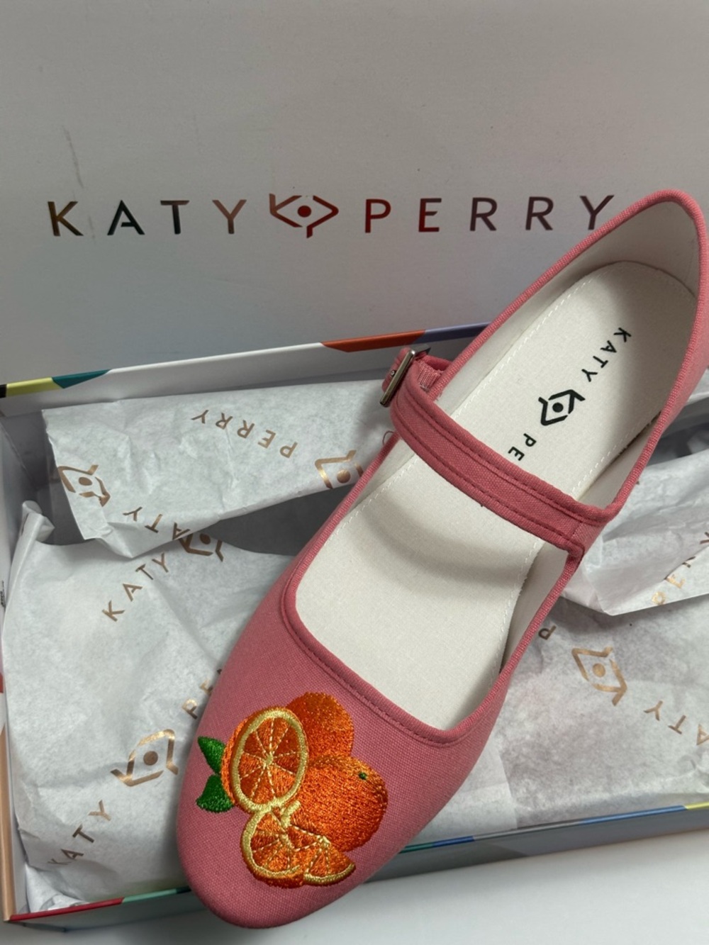 Katy Perry The Summer Ballet Pink Mary Jane Flat with Orange Embroidery